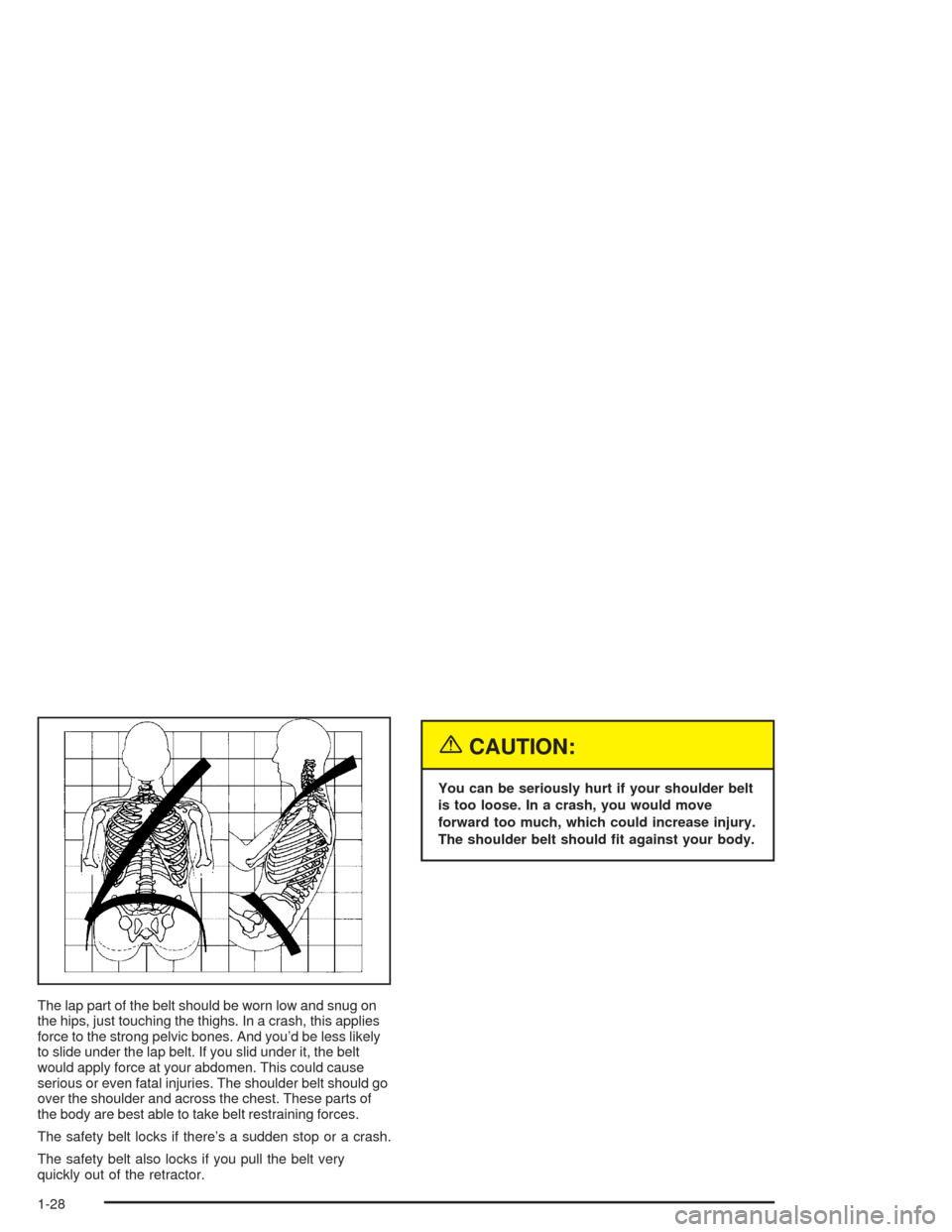CHEVROLET SILVERADO 2004 1.G Owners Guide The lap part of the belt should be worn low and snug on
the hips, just touching the thighs. In a crash, this applies
force to the strong pelvic bones. And you’d be less likely
to slide under the lap