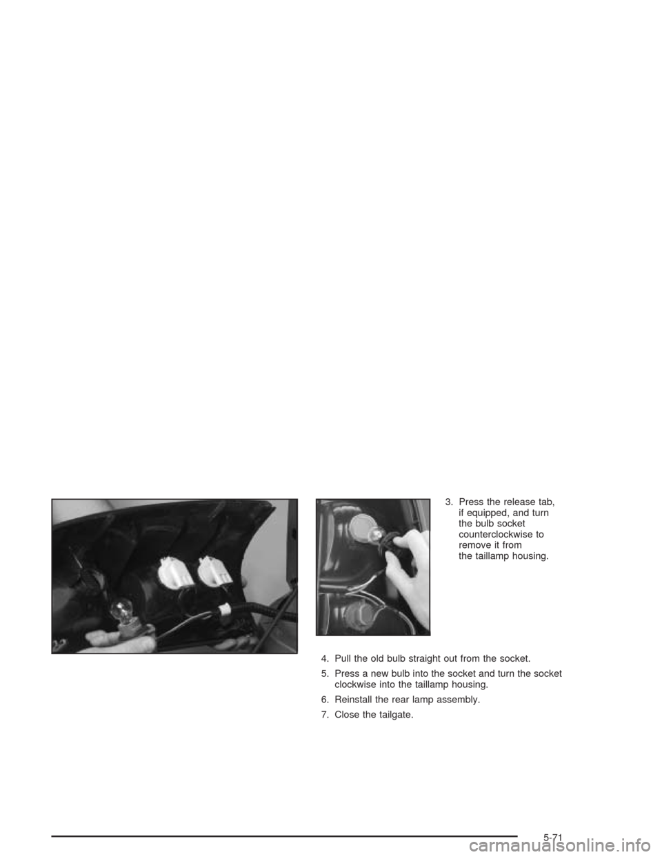 CHEVROLET SILVERADO 2004 1.G Owners Manual 3. Press the release tab,
if equipped, and turn
the bulb socket
counterclockwise to
remove it from
the taillamp housing.
4. Pull the old bulb straight out from the socket.
5. Press a new bulb into the