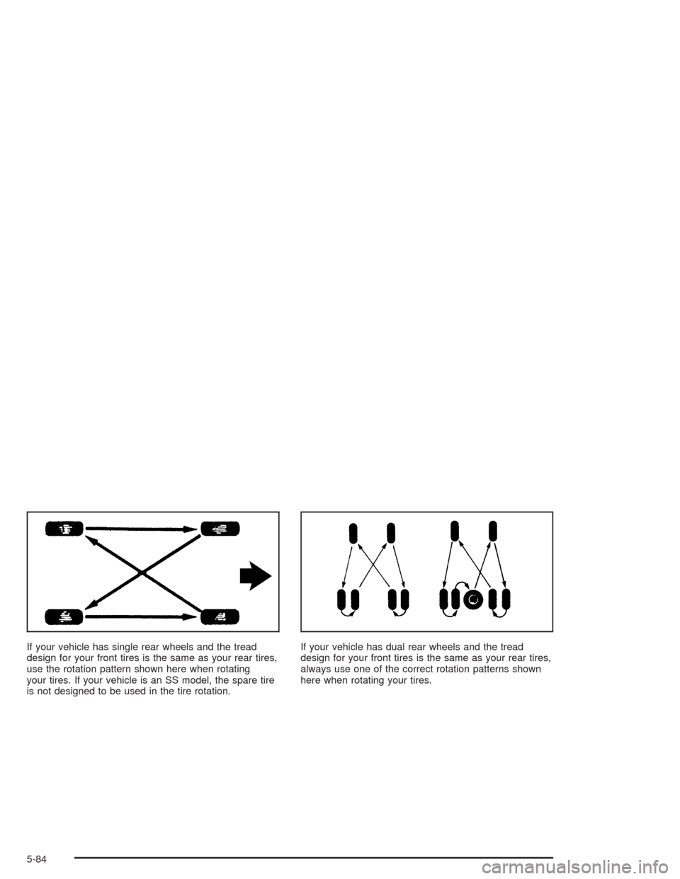 CHEVROLET SILVERADO 2004 1.G Owners Manual If your vehicle has single rear wheels and the tread
design for your front tires is the same as your rear tires,
use the rotation pattern shown here when rotating
your tires. If your vehicle is an SS 