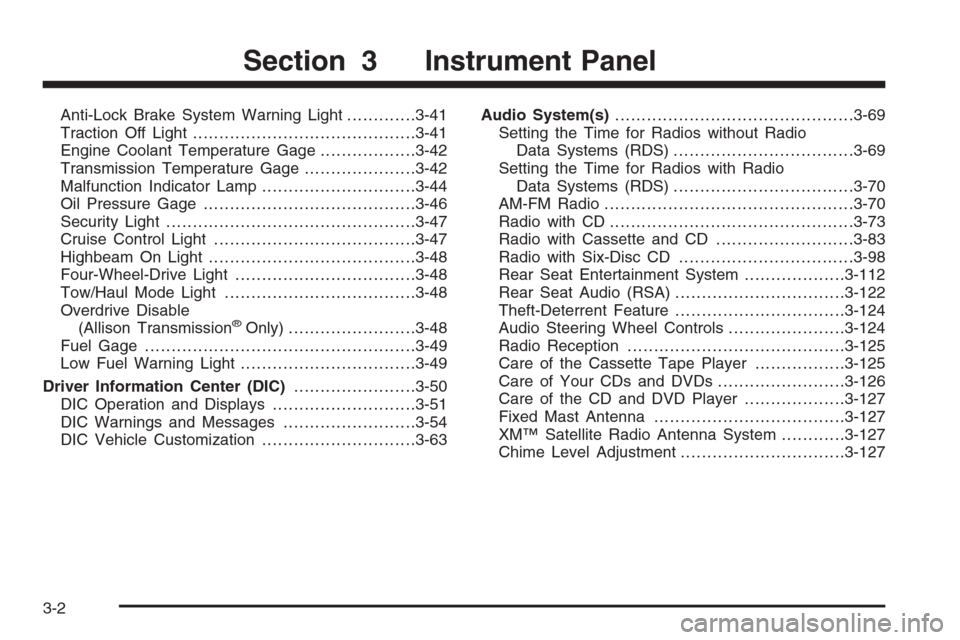 CHEVROLET SILVERADO 2005 1.G Owners Manual Anti-Lock Brake System Warning Light.............3-41
Traction Off Light..........................................3-41
Engine Coolant Temperature Gage..................3-42
Transmission Temperature Ga