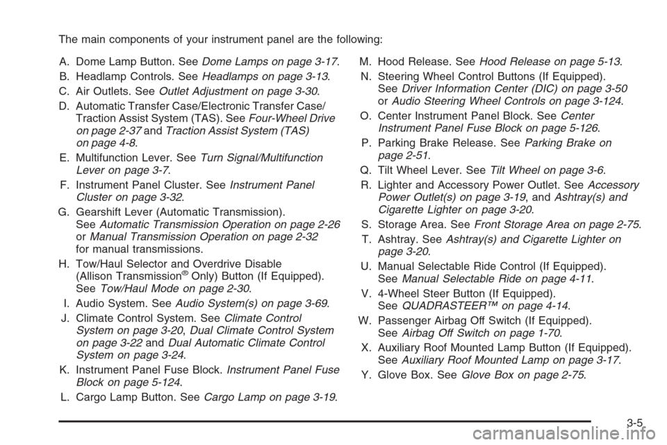 CHEVROLET SILVERADO 2005 1.G Owners Manual The main components of your instrument panel are the following:
A. Dome Lamp Button. SeeDome Lamps on page 3-17.
B. Headlamp Controls. SeeHeadlamps on page 3-13.
C. Air Outlets. SeeOutlet Adjustment o