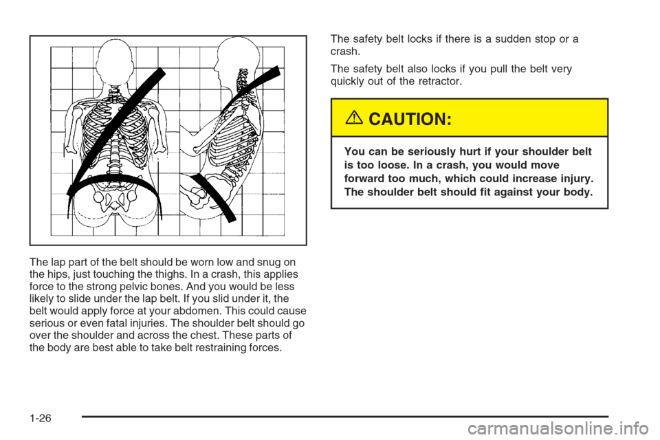 CHEVROLET SILVERADO 2005 1.G Owners Guide The lap part of the belt should be worn low and snug on
the hips, just touching the thighs. In a crash, this applies
force to the strong pelvic bones. And you would be less
likely to slide under the l