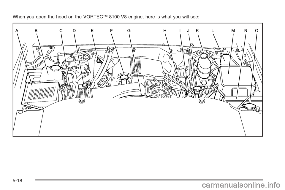 CHEVROLET SILVERADO 2005 1.G Owners Manual When you open the hood on the VORTEC™ 8100 V8 engine, here is what you will see:
5-18 CHEVROLET SILVERADO 2005 1.G Owners Manual When you open the hood on the VORTEC™ 8100 V8 engine, here is what you will see:
5-18