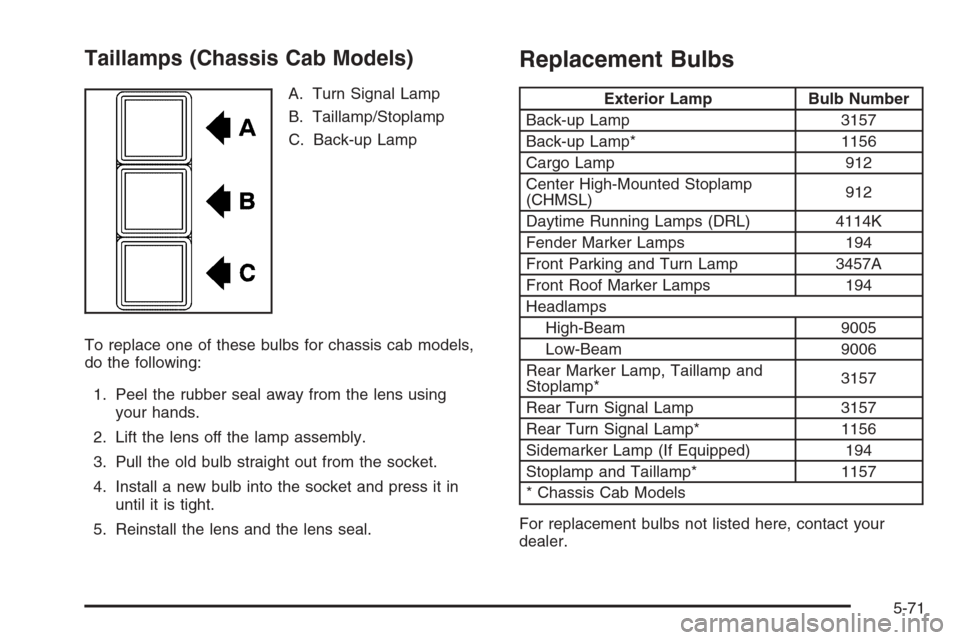 CHEVROLET SILVERADO 2005 1.G Owners Manual Taillamps (Chassis Cab Models)
A. Turn Signal Lamp
B. Taillamp/Stoplamp
C. Back-up Lamp
To replace one of these bulbs for chassis cab models,
do the following:
1. Peel the rubber seal away from the le