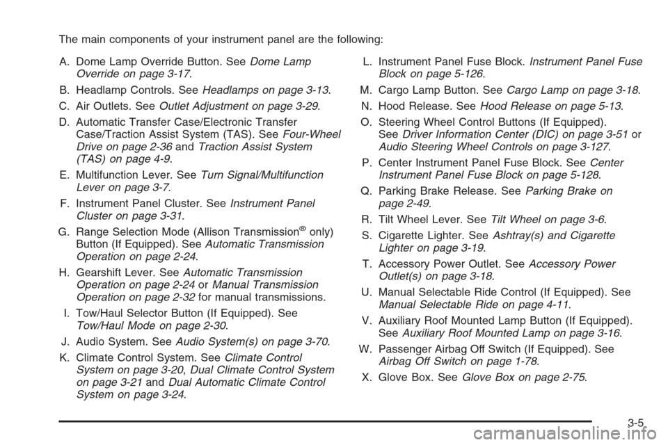 CHEVROLET SILVERADO 2006 1.G Owners Manual The main components of your instrument panel are the following:
A. Dome Lamp Override Button. SeeDome Lamp
Override on page 3-17.
B. Headlamp Controls. SeeHeadlamps on page 3-13.
C. Air Outlets. SeeOu