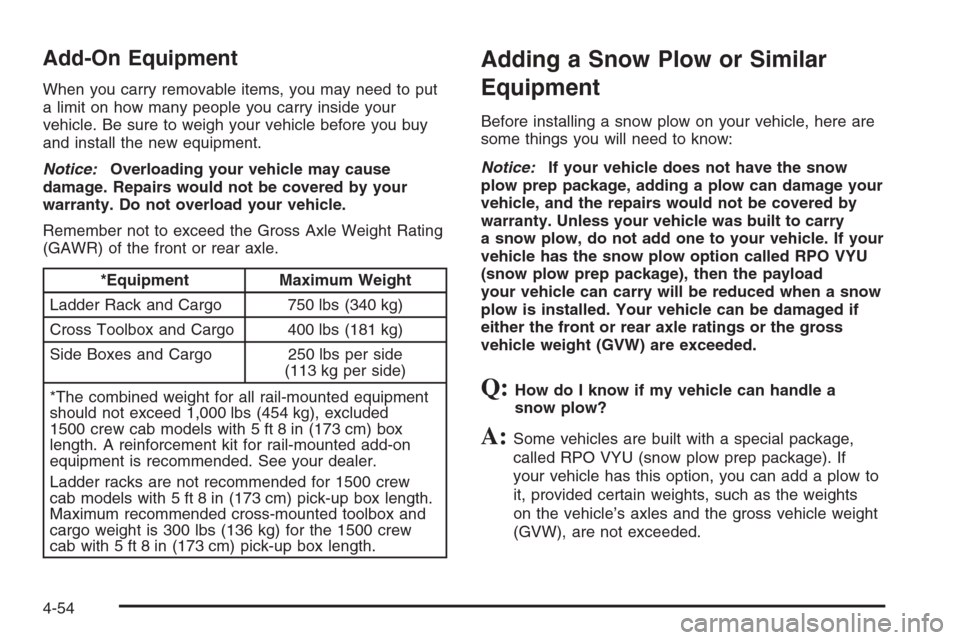 CHEVROLET SILVERADO 2006 1.G Owners Manual Add-On Equipment
When you carry removable items, you may need to put
a limit on how many people you carry inside your
vehicle. Be sure to weigh your vehicle before you buy
and install the new equipmen