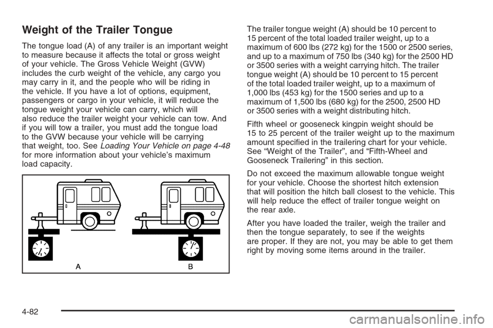 CHEVROLET SILVERADO 2006 1.G Owners Manual Weight of the Trailer Tongue
The tongue load (A) of any trailer is an important weight
to measure because it affects the total or gross weight
of your vehicle. The Gross Vehicle Weight (GVW)
includes 