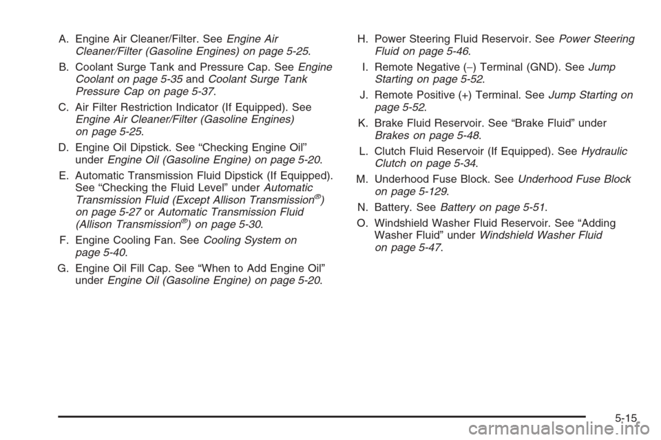 CHEVROLET SILVERADO 2006 1.G Owners Manual A. Engine Air Cleaner/Filter. SeeEngine Air
Cleaner/Filter (Gasoline Engines) on page 5-25.
B. Coolant Surge Tank and Pressure Cap. SeeEngine
Coolant on page 5-35andCoolant Surge Tank
Pressure Cap on 