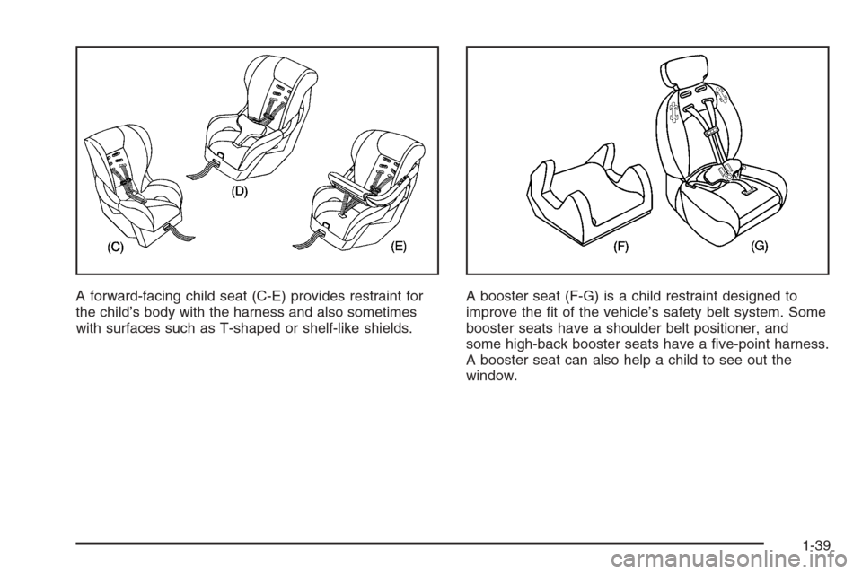 CHEVROLET SILVERADO 2006 1.G Owners Manual A forward-facing child seat (C-E) provides restraint for
the child’s body with the harness and also sometimes
with surfaces such as T-shaped or shelf-like shields.A booster seat (F-G) is a child res