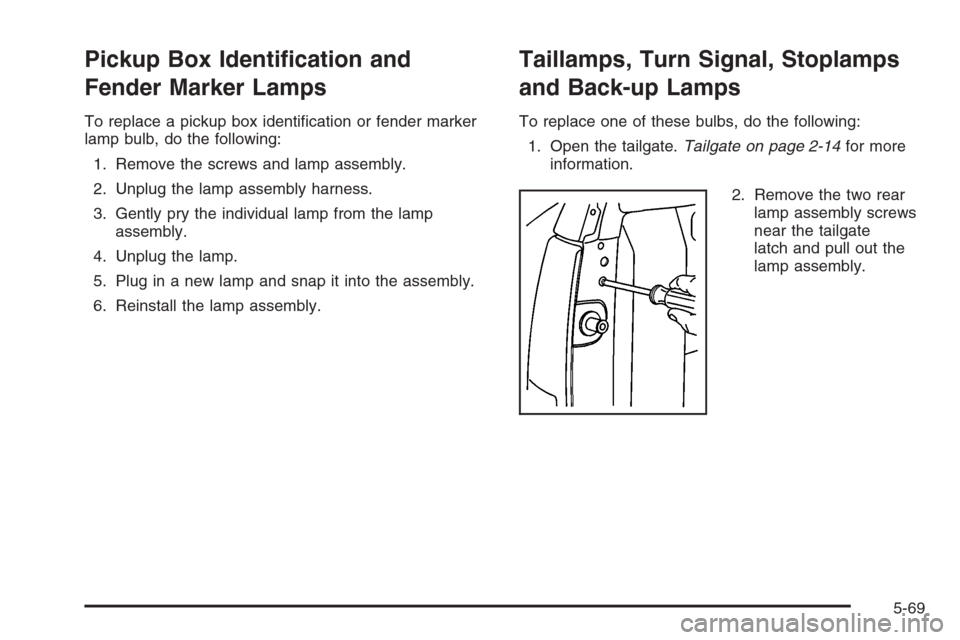 CHEVROLET SILVERADO 2006 1.G Owners Manual Pickup Box Identi�cation and
Fender Marker Lamps
To replace a pickup box identi�cation or fender marker
lamp bulb, do the following:
1. Remove the screws and lamp assembly.
2. Unplug the lamp assembly
