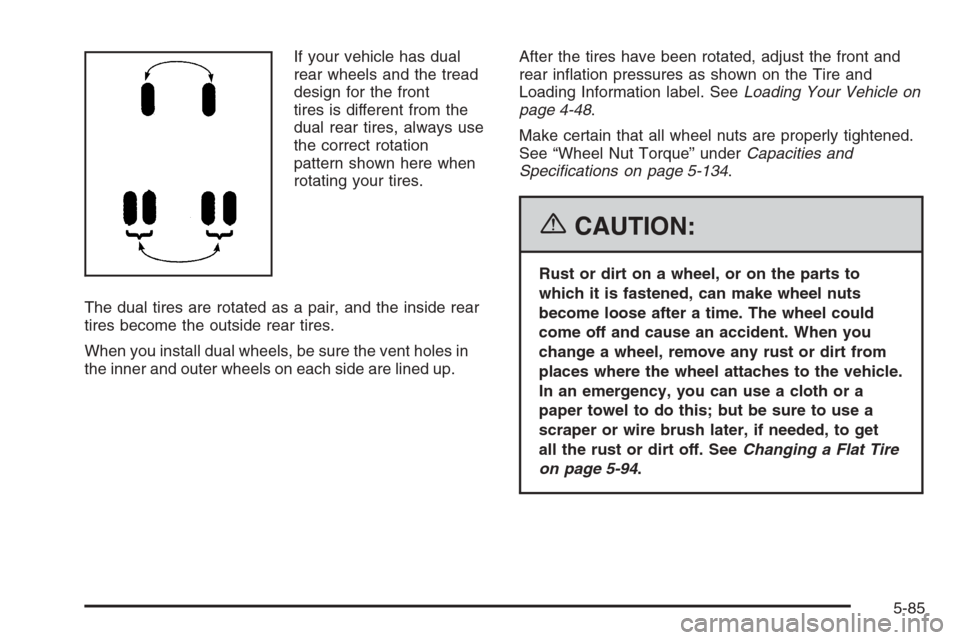 CHEVROLET SILVERADO 2006 1.G Owners Manual If your vehicle has dual
rear wheels and the tread
design for the front
tires is different from the
dual rear tires, always use
the correct rotation
pattern shown here when
rotating your tires.
The du