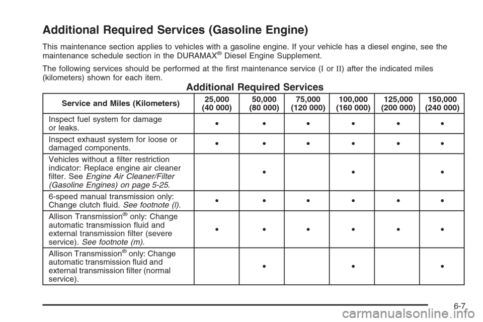CHEVROLET SILVERADO 2006 1.G Owners Manual Additional Required Services (Gasoline Engine)
This maintenance section applies to vehicles with a gasoline engine. If your vehicle has a diesel engine, see the
maintenance schedule section in the DUR