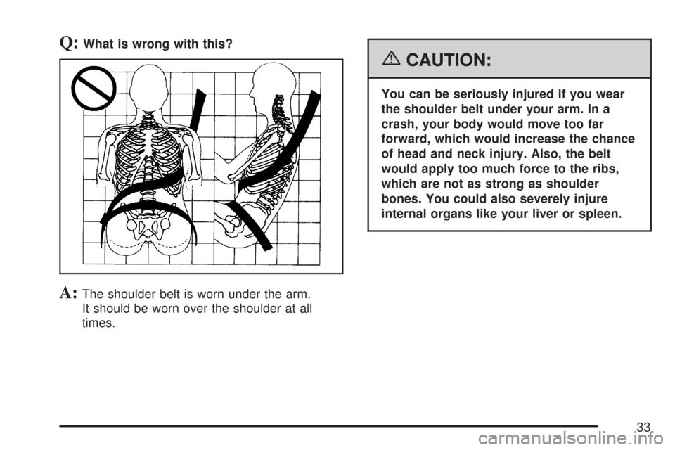 CHEVROLET SILVERADO 2007 1.G Owners Guide Q:What is wrong with this?
A:The shoulder belt is worn under the arm.
It should be worn over the shoulder at all
times.
{CAUTION:
You can be seriously injured if you wear
the shoulder belt under your 