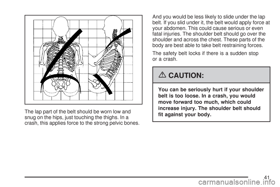CHEVROLET SILVERADO 2007 1.G Service Manual The lap part of the belt should be worn low and
snug on the hips, just touching the thighs. In a
crash, this applies force to the strong pelvic bones.And you would be less likely to slide under the la