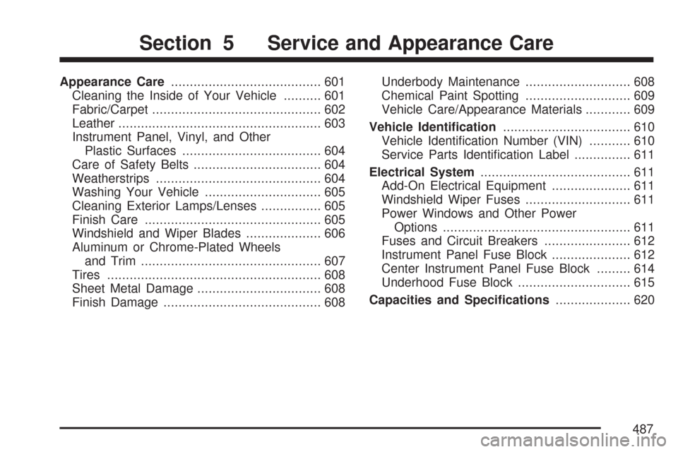 CHEVROLET SILVERADO 2007 1.G Owners Manual Appearance Care........................................ 601
Cleaning the Inside of Your Vehicle.......... 601
Fabric/Carpet............................................. 602
Leather....................