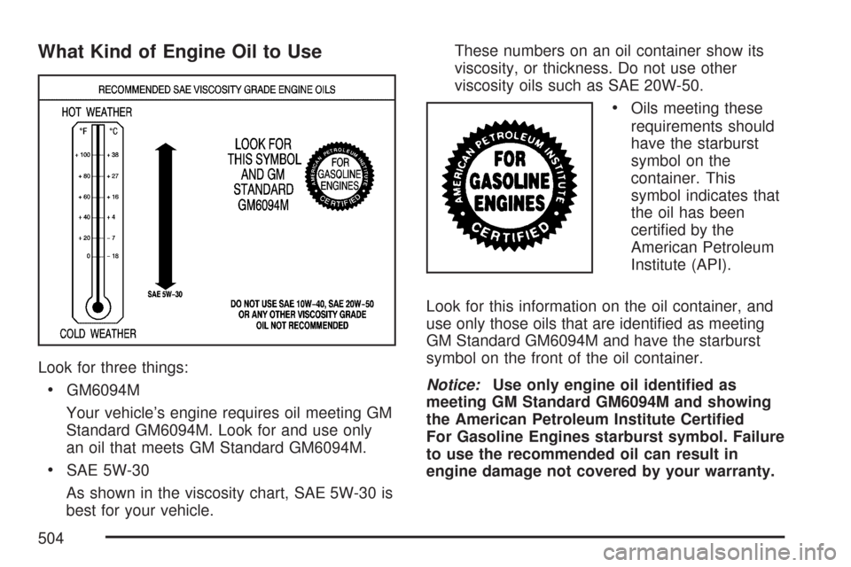 CHEVROLET SILVERADO 2007 1.G Owners Manual What Kind of Engine Oil to Use
Look for three things:
GM6094M
Your vehicle’s engine requires oil meeting GM
Standard GM6094M. Look for and use only
an oil that meets GM Standard GM6094M.
SAE 5W-30
A