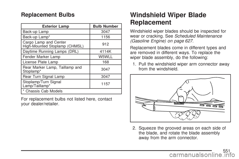 CHEVROLET SILVERADO 2007 1.G Owners Manual Replacement Bulbs
Exterior Lamp Bulb Number
Back-up Lamp 3047
Back-up Lamp* 1156
Cargo Lamp and Center
High-Mounted Stoplamp (CHMSL)912
Daytime Running Lamps (DRL) 4114K
Fender Marker Lamp W5WLL
Licen