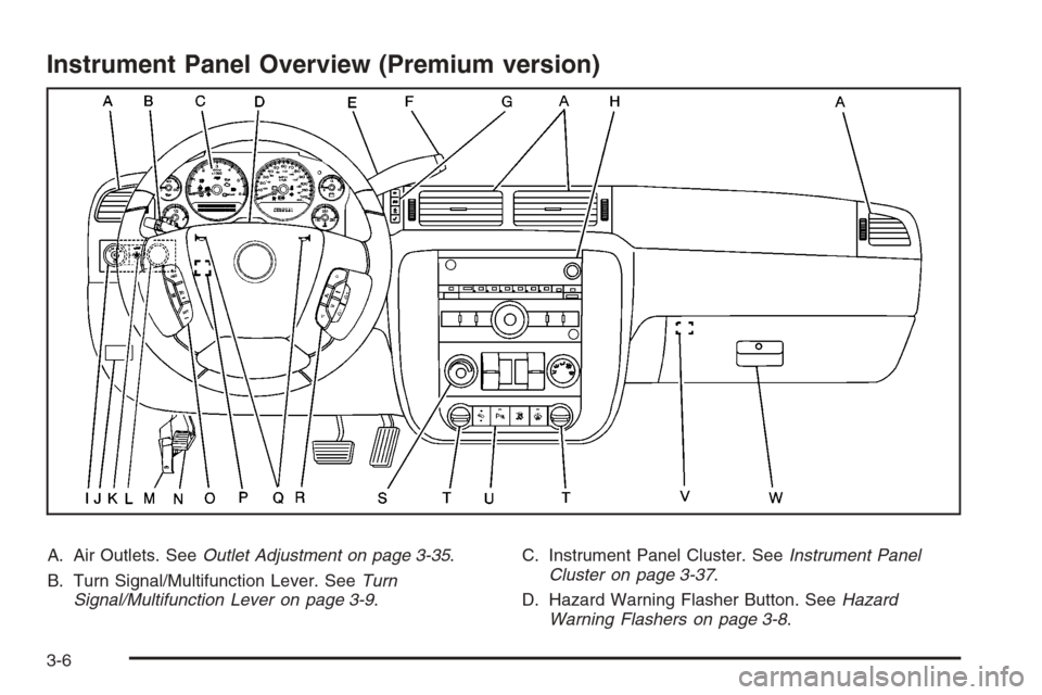 CHEVROLET SILVERADO 2008 2.G Owners Manual Instrument Panel Overview (Premium version)
A. Air Outlets. SeeOutlet Adjustment on page 3-35.
B. Turn Signal/Multifunction Lever. SeeTurn
Signal/Multifunction Lever on page 3-9.C. Instrument Panel Cl