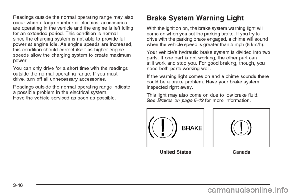 CHEVROLET SILVERADO 2008 2.G Owners Manual Readings outside the normal operating range may also
occur when a large number of electrical accessories
are operating in the vehicle and the engine is left idling
for an extended period. This conditi