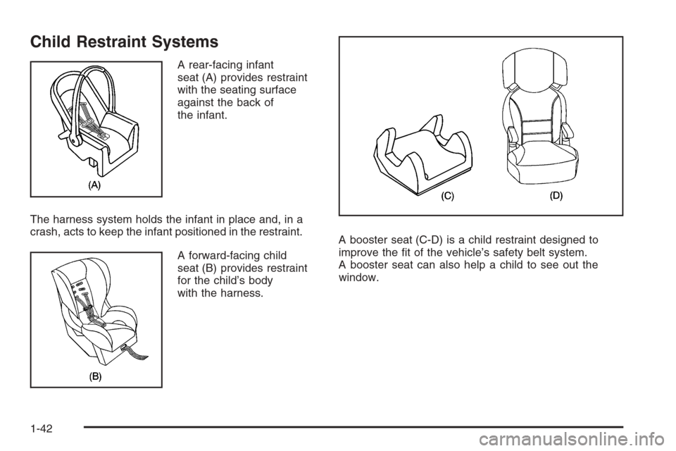 CHEVROLET SILVERADO 2008 2.G Service Manual Child Restraint Systems
A rear-facing infant
seat (A) provides restraint
with the seating surface
against the back of
the infant.
The harness system holds the infant in place and, in a
crash, acts to 