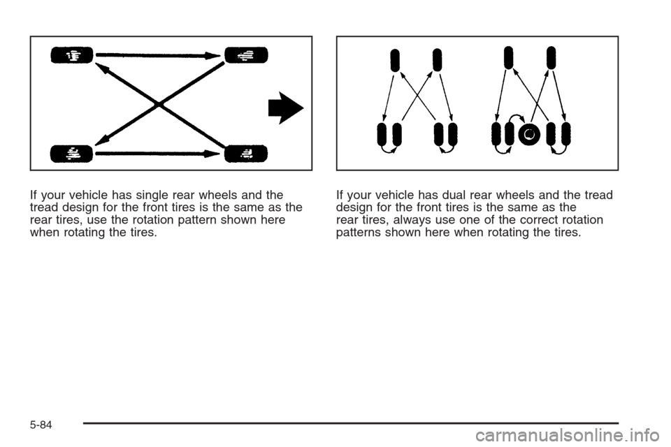 CHEVROLET SILVERADO 2008 2.G Owners Manual If your vehicle has single rear wheels and the
tread design for the front tires is the same as the
rear tires, use the rotation pattern shown here
when rotating the tires.If your vehicle has dual rear