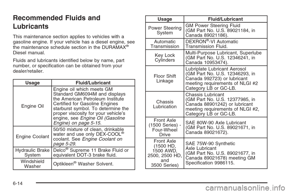 CHEVROLET SILVERADO 2008 2.G Owners Manual Recommended Fluids and
Lubricants
This maintenance section applies to vehicles with a
gasoline engine. If your vehicle has a diesel engine, see
the maintenance schedule section in the DURAMAX
®
Diese