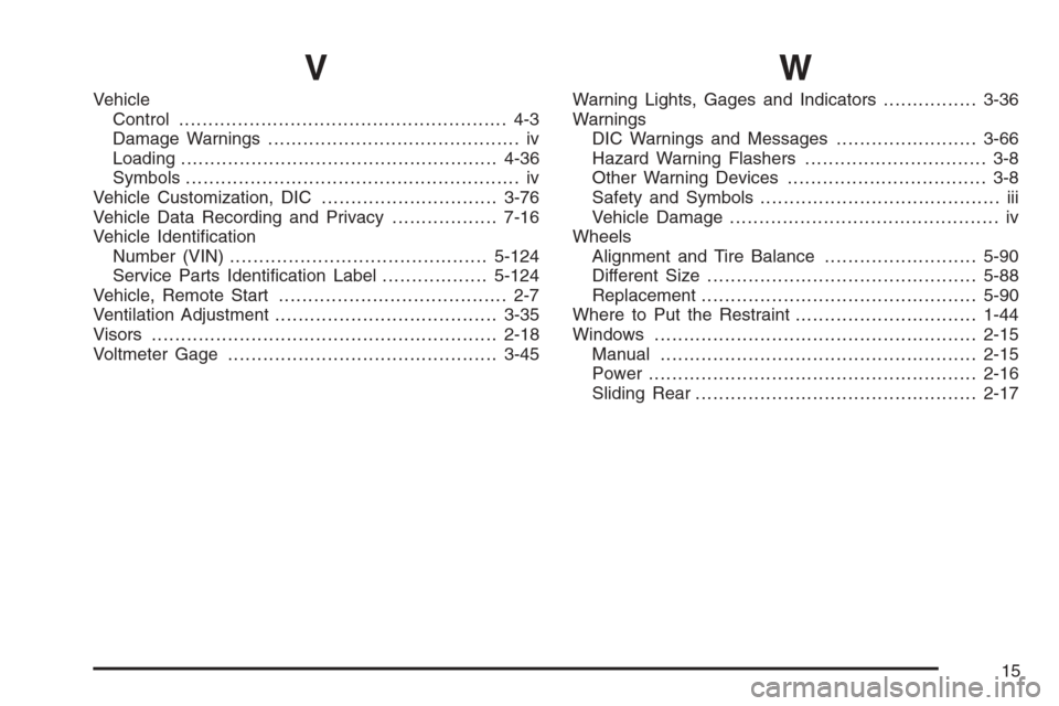 CHEVROLET SILVERADO 2008 2.G Owners Manual V
Vehicle
Control........................................................ 4-3
Damage Warnings........................................... iv
Loading.....................................................