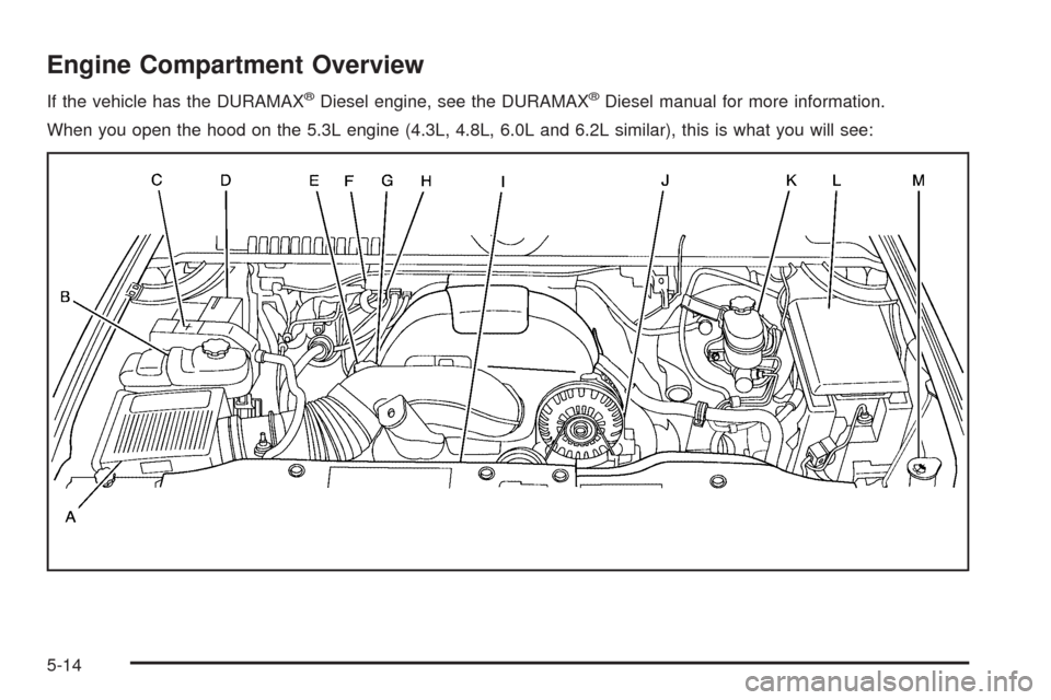 CHEVROLET SILVERADO 2009 2.G Owners Manual Engine Compartment Overview
If the vehicle has the DURAMAX®Diesel engine, see the DURAMAX®Diesel manual for more information.
When you open the hood on the 5.3L engine (4.3L, 4.8L, 6.0L and 6.2L sim