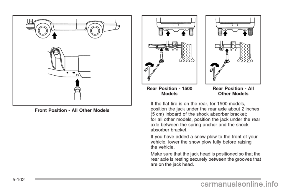 CHEVROLET SILVERADO 2009 2.G Owners Manual If the �at tire is on the rear, for 1500 models,
position the jack under the rear axle about 2 inches
(5 cm) inboard of the shock absorber bracket;
for all other models, position the jack under the re