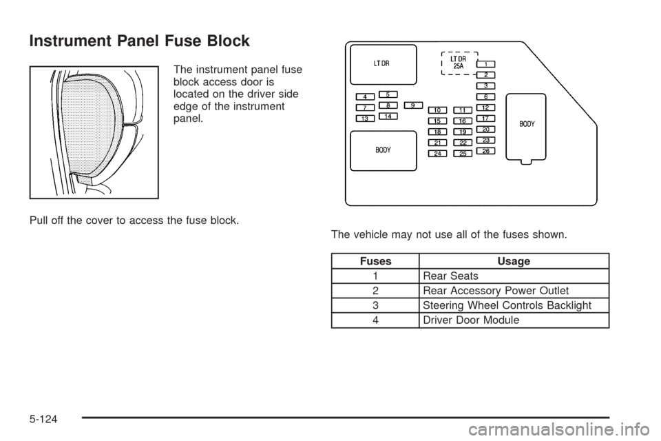 CHEVROLET SILVERADO 2009 2.G Owners Manual Instrument Panel Fuse Block
The instrument panel fuse
block access door is
located on the driver side
edge of the instrument
panel.
Pull off the cover to access the fuse block.
The vehicle may not use