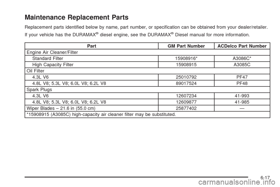 CHEVROLET SILVERADO 2009 2.G Owners Manual Maintenance Replacement Parts
Replacement parts identi�ed below by name, part number, or speci�cation can be obtained from your dealer/retailer.
If your vehicle has the DURAMAX
®diesel engine, see th
