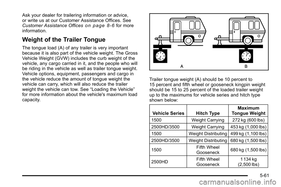 CHEVROLET SILVERADO 2010 2.G Owners Manual Ask your dealer for trailering information or advice,
or write us at our Customer Assistance Offices. See
Customer Assistance Offices
on page 8‑6for more
information.
Weight of the Trailer Tongue
Th