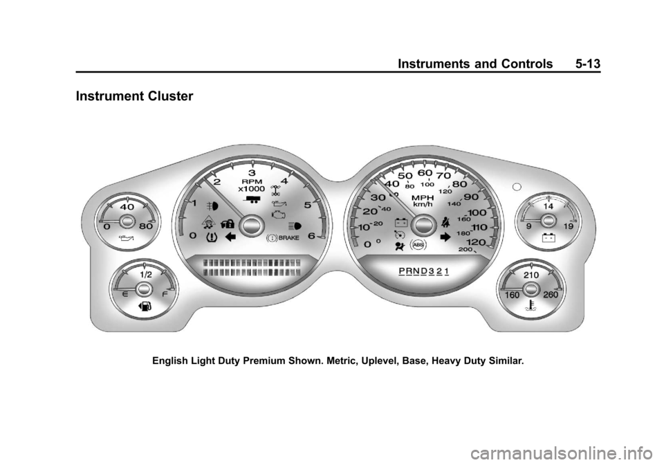 CHEVROLET SILVERADO 2011 2.G Owners Manual Black plate (13,1)Chevrolet Silverado Owner Manual - 2011
Instruments and Controls 5-13
Instrument Cluster
English Light Duty Premium Shown. Metric, Uplevel, Base, Heavy Duty Similar. CHEVROLET SILVERADO 2011 2.G Owners Manual Black plate (13,1)Chevrolet Silverado Owner Manual - 2011
Instruments and Controls 5-13
Instrument Cluster
English Light Duty Premium Shown. Metric, Uplevel, Base, Heavy Duty Similar.
