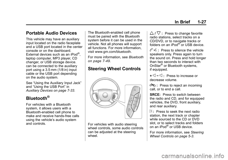 CHEVROLET SILVERADO 2011 2.G Owners Guide Black plate (27,1)Chevrolet Silverado Owner Manual - 2011
In Brief 1-27
Portable Audio Devices
This vehicle may have an auxiliary
input located on the radio faceplate
and a USB port located in the cen CHEVROLET SILVERADO 2011 2.G Owners Guide Black plate (27,1)Chevrolet Silverado Owner Manual - 2011
In Brief 1-27
Portable Audio Devices
This vehicle may have an auxiliary
input located on the radio faceplate
and a USB port located in the cen