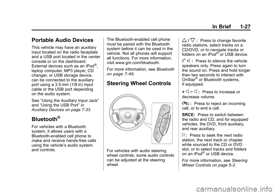 CHEVROLET SILVERADO 2011 2.G Owners Manual Black plate (27,1)Chevrolet Silverado Owner Manual - 2011
In Brief 1-27
Portable Audio Devices
This vehicle may have an auxiliary
input located on the radio faceplate
and a USB port located in the cen