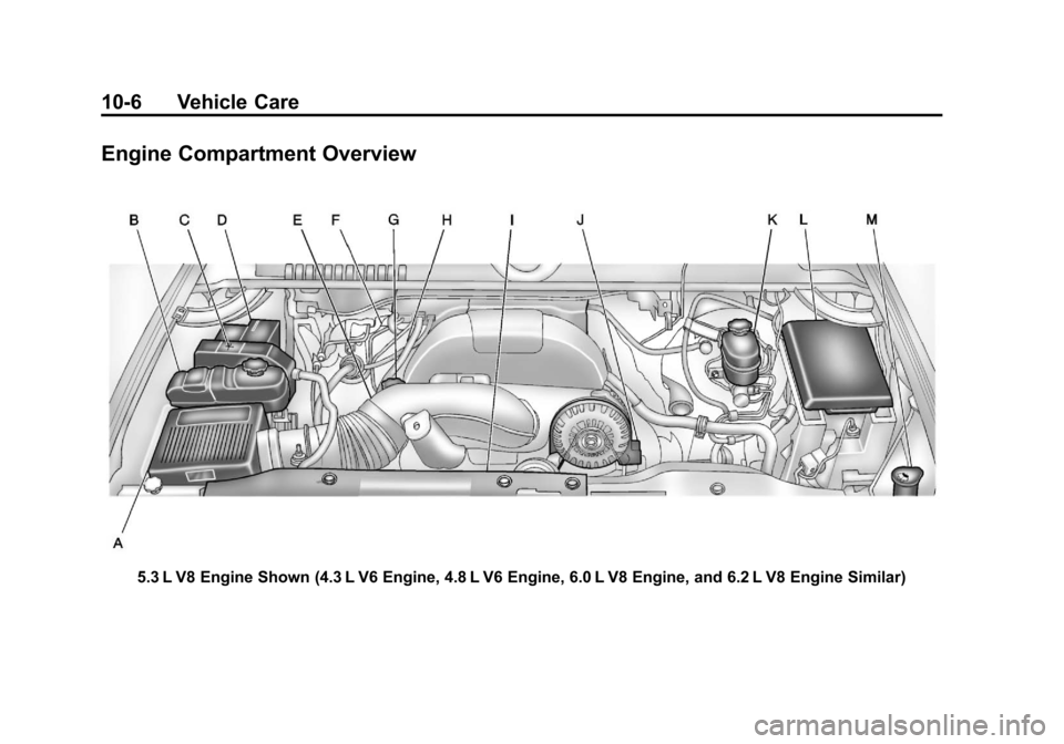 CHEVROLET SILVERADO 2011 2.G Owners Manual Black plate (6,1)Chevrolet Silverado Owner Manual - 2011
10-6 Vehicle Care
Engine Compartment Overview
5.3 L V8 Engine Shown (4.3 L V6 Engine, 4.8 L V6 Engine, 6.0 L V8 Engine, and 6.2 L V8 Engine Sim CHEVROLET SILVERADO 2011 2.G Owners Manual Black plate (6,1)Chevrolet Silverado Owner Manual - 2011
10-6 Vehicle Care
Engine Compartment Overview
5.3 L V8 Engine Shown (4.3 L V6 Engine, 4.8 L V6 Engine, 6.0 L V8 Engine, and 6.2 L V8 Engine Sim