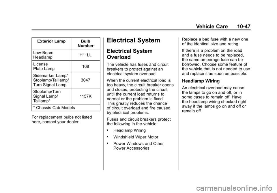 CHEVROLET SILVERADO 2011 2.G Owners Manual Black plate (47,1)Chevrolet Silverado Owner Manual - 2011
Vehicle Care 10-47
Exterior Lamp BulbNumber
Low-Beam
Headlamp H11LL
License
Plate Lamp 168
Sidemarker Lamp/
Stoplamp/Taillamp/
Turn Signal Lam
