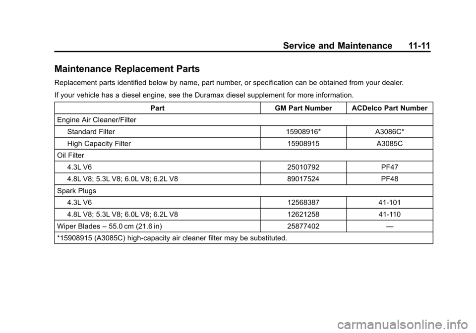 CHEVROLET SILVERADO 2011 2.G Owners Manual Black plate (11,1)Chevrolet Silverado Owner Manual - 2011
Service and Maintenance 11-11
Maintenance Replacement Parts
Replacement parts identified below by name, part number, or specification can be o