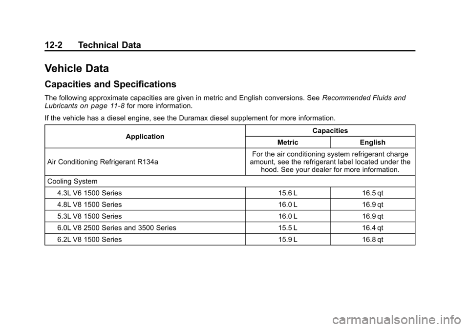 CHEVROLET SILVERADO 2011 2.G Owners Manual Black plate (2,1)Chevrolet Silverado Owner Manual - 2011
12-2 Technical Data
Vehicle Data
Capacities and Specifications
The following approximate capacities are given in metric and English conversions CHEVROLET SILVERADO 2011 2.G Owners Manual Black plate (2,1)Chevrolet Silverado Owner Manual - 2011
12-2 Technical Data
Vehicle Data
Capacities and Specifications
The following approximate capacities are given in metric and English conversions