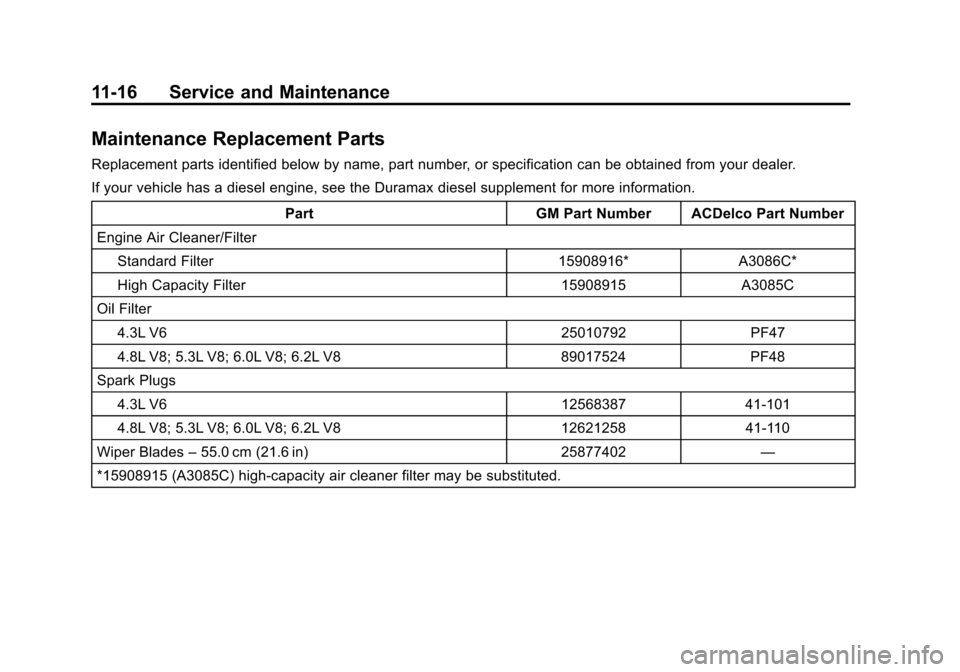 CHEVROLET SILVERADO 2012 2.G Owners Manual Black plate (16,1)Chevrolet Silverado Owner Manual - 2012
11-16 Service and Maintenance
Maintenance Replacement Parts
Replacement parts identified below by name, part number, or specification can be o CHEVROLET SILVERADO 2012 2.G Owners Manual Black plate (16,1)Chevrolet Silverado Owner Manual - 2012
11-16 Service and Maintenance
Maintenance Replacement Parts
Replacement parts identified below by name, part number, or specification can be o