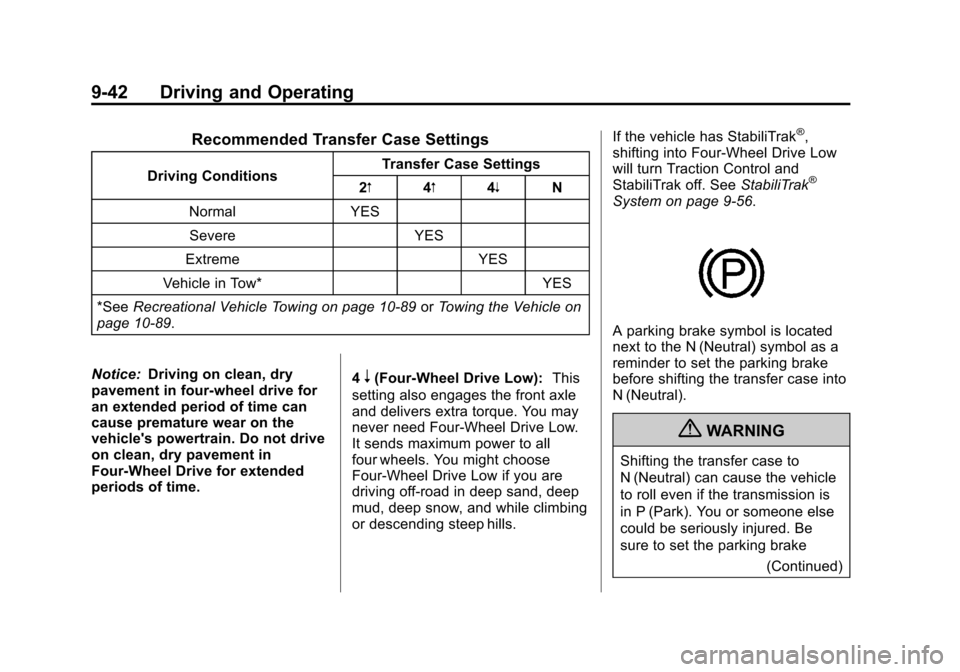 CHEVROLET SILVERADO 2013 2.G Owners Manual Black plate (42,1)Chevrolet Silverado Owner Manual - 2013 - crc2 - 8/13/12
9-42 Driving and Operating
Recommended Transfer Case Settings
Driving ConditionsTransfer Case Settings
2m 4m4n N
Normal YES S CHEVROLET SILVERADO 2013 2.G Owners Manual Black plate (42,1)Chevrolet Silverado Owner Manual - 2013 - crc2 - 8/13/12
9-42 Driving and Operating
Recommended Transfer Case Settings
Driving ConditionsTransfer Case Settings
2m 4m4n N
Normal YES S