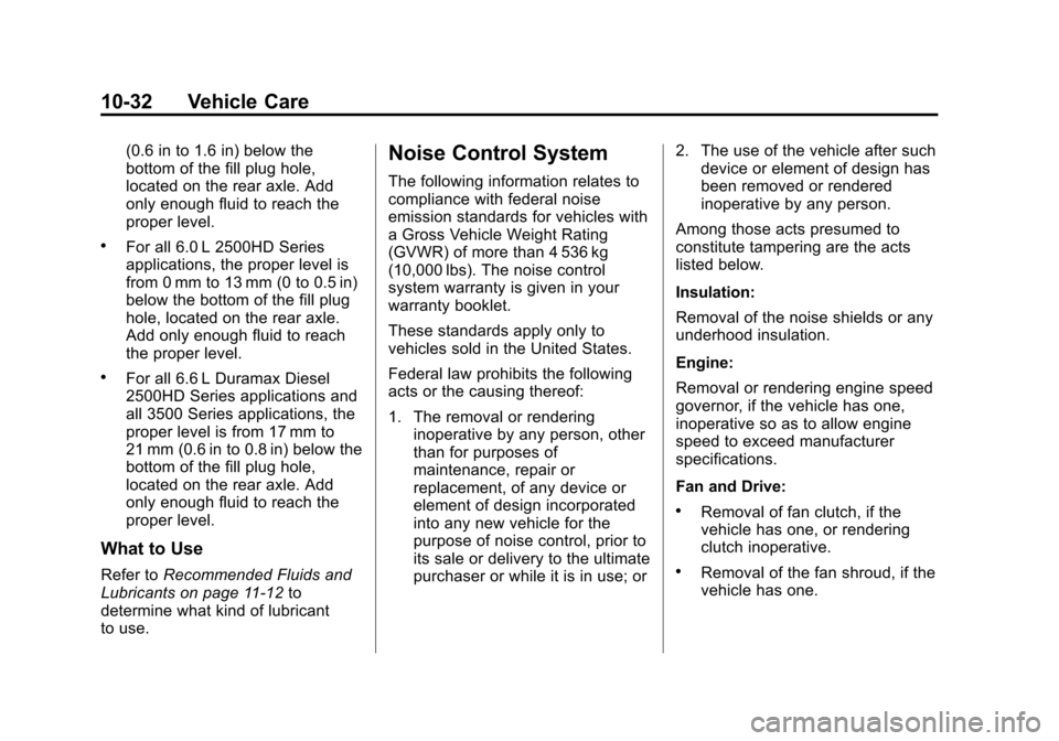 CHEVROLET SILVERADO 2013 2.G Owners Manual Black plate (32,1)Chevrolet Silverado Owner Manual - 2013 - crc2 - 8/13/12
10-32 Vehicle Care
(0.6 in to 1.6 in) below the
bottom of the fill plug hole,
located on the rear axle. Add
only enough fluid