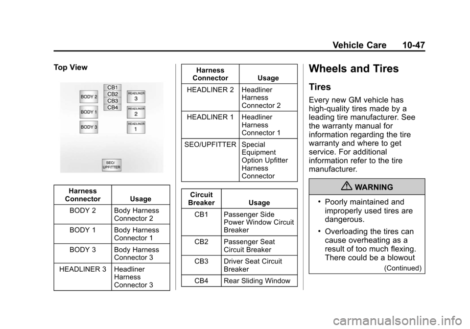 CHEVROLET SILVERADO 2013 2.G Owners Manual Black plate (47,1)Chevrolet Silverado Owner Manual - 2013 - crc2 - 8/13/12
Vehicle Care 10-47
Top View
Harness
Connector Usage
BODY 2 Body Harness Connector 2
BODY 1 Body Harness Connector 1
BODY 3 Bo CHEVROLET SILVERADO 2013 2.G Owners Manual Black plate (47,1)Chevrolet Silverado Owner Manual - 2013 - crc2 - 8/13/12
Vehicle Care 10-47
Top View
Harness
Connector Usage
BODY 2 Body Harness Connector 2
BODY 1 Body Harness Connector 1
BODY 3 Bo