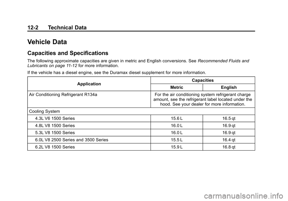 CHEVROLET SILVERADO 2013 2.G Owners Manual Black plate (2,1)Chevrolet Silverado Owner Manual - 2013 - crc2 - 8/13/12
12-2 Technical Data
Vehicle Data
Capacities and Specifications
The following approximate capacities are given in metric and En