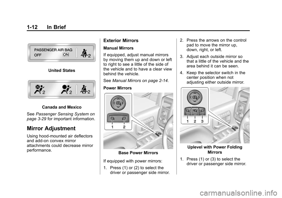 CHEVROLET SILVERADO 2015 3.G User Guide Black plate (12,1)Chevrolet 2015i Silverado Owner Manual (GMNA-Localizing-U.S./Canada/
Mexico-8425172) - 2015 - crc - 2/6/15
1-12 In Brief
United States
Canada and Mexico
See Passenger Sensing System 