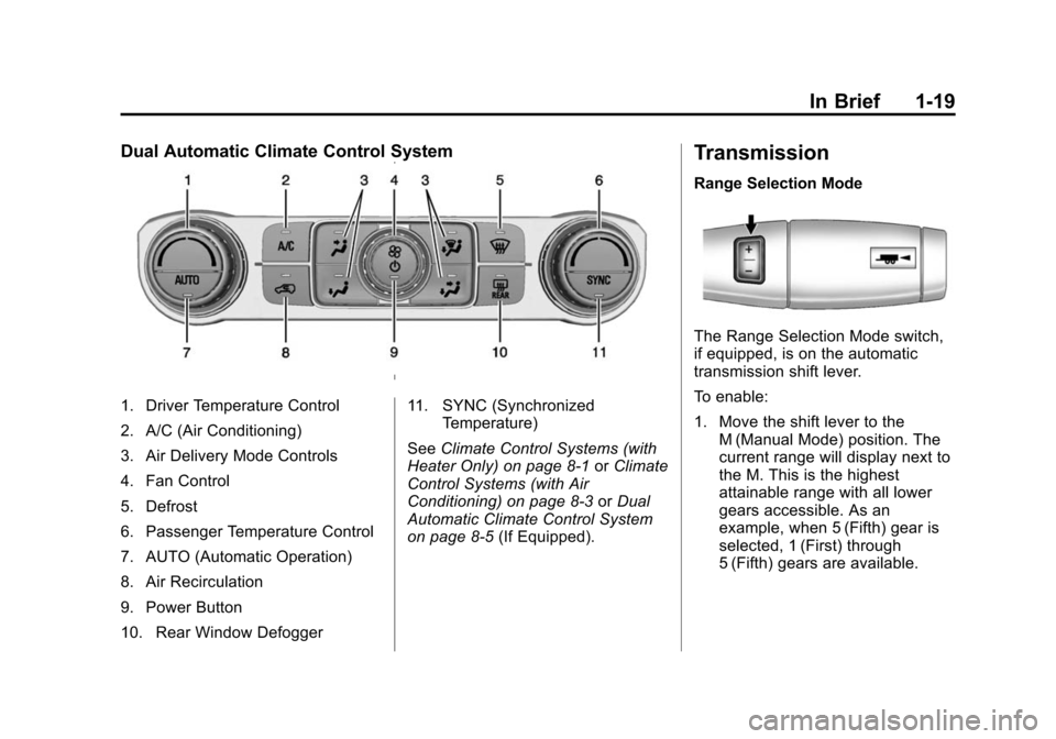 CHEVROLET SILVERADO 2015 3.G Owners Manual Black plate (19,1)Chevrolet 2015i Silverado Owner Manual (GMNA-Localizing-U.S./Canada/
Mexico-8425172) - 2015 - crc - 2/6/15
In Brief 1-19
Dual Automatic Climate Control System
1. Driver Temperature C