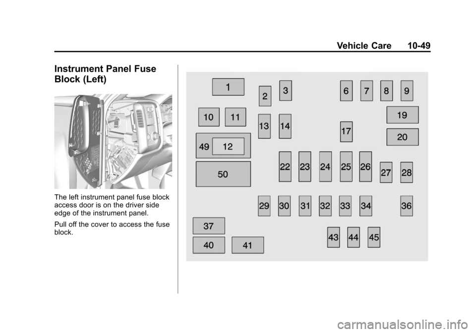 CHEVROLET SILVERADO 2015 3.G Owners Manual Black plate (49,1)Chevrolet 2015i Silverado Owner Manual (GMNA-Localizing-U.S./Canada/
Mexico-8425172) - 2015 - crc - 2/6/15
Vehicle Care 10-49
Instrument Panel Fuse
Block (Left)
The left instrument p CHEVROLET SILVERADO 2015 3.G Owners Manual Black plate (49,1)Chevrolet 2015i Silverado Owner Manual (GMNA-Localizing-U.S./Canada/
Mexico-8425172) - 2015 - crc - 2/6/15
Vehicle Care 10-49
Instrument Panel Fuse
Block (Left)
The left instrument p