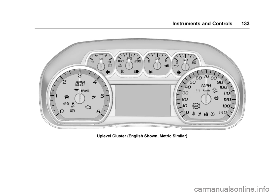 CHEVROLET SILVERADO 2016 3.G Owners Manual Chevrolet Silverado Owner Manual (GMNA-Localizing-U.S./Canada/Mexico-
9159338) - 2016 - crc - 10/21/15
Instruments and Controls 133
Uplevel Cluster (English Shown, Metric Similar) CHEVROLET SILVERADO 2016 3.G Owners Manual Chevrolet Silverado Owner Manual (GMNA-Localizing-U.S./Canada/Mexico-
9159338) - 2016 - crc - 10/21/15
Instruments and Controls 133
Uplevel Cluster (English Shown, Metric Similar)