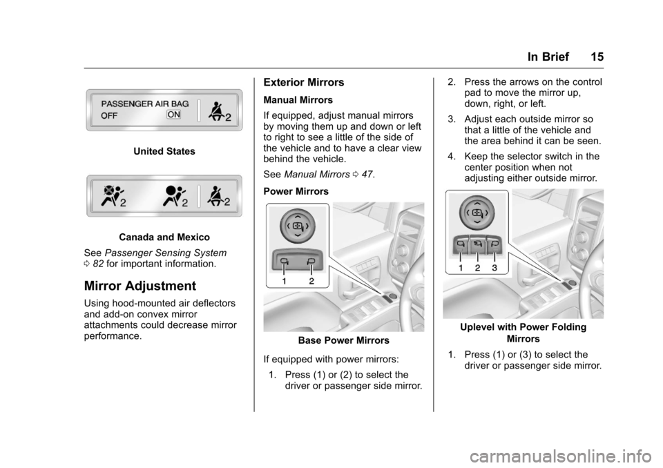 CHEVROLET SILVERADO 2016 3.G User Guide Chevrolet Silverado Owner Manual (GMNA-Localizing-U.S./Canada/Mexico-
9159338) - 2016 - crc - 10/21/15
In Brief 15
United States
Canada and Mexico
See Passenger Sensing System
0 82 for important infor