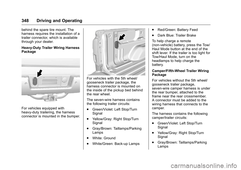 CHEVROLET SILVERADO 2016 3.G Owners Manual Chevrolet Silverado Owner Manual (GMNA-Localizing-U.S./Canada/Mexico-
9159338) - 2016 - crc - 10/27/15
348 Driving and Operating
behind the spare tire mount. The
harness requires the installation of a CHEVROLET SILVERADO 2016 3.G Owners Manual Chevrolet Silverado Owner Manual (GMNA-Localizing-U.S./Canada/Mexico-
9159338) - 2016 - crc - 10/27/15
348 Driving and Operating
behind the spare tire mount. The
harness requires the installation of a